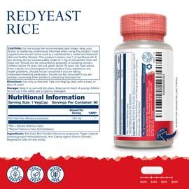 Red Yeast Rice - 90 Vegan Capsules - High Strength Supplement with Monacolin K - Lab Verified - Solaray