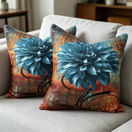 Soft Decorative Chenille Rust and Blue Throw Pillow Covers 22x22 Set of 2 Vintage Abstract Flower Pillow Case for Couch Sofa Bedroom Living Room Home Decor Accent Pillows