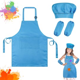 Ainiv Kids Apron and Chef Hat Set, Blue Adjustable Kids Chef Outfit with 2 Sleeves, Kids Aprons for Cooking with 2 Pockets, Artist Toddler Apron for Kids, Children's Aprons for Baking Cooking Painting