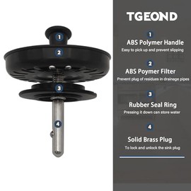 Tapón de repuesto para fregadero de cocina de color negro para desagüe de fregadero de polímero, tapón central de latón extraíble