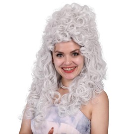 FantaLook Long Curly Fluffy Cosplay Wig for Women Heat-Resistant Synthetic Fiber Hair Wig for Adult Halloween (Silver White)