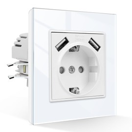 CNBINGO Schuko Socket with USB 16 Amp Socket with Plug-In Terminal Crystal Flush-Mounted Socket - Single USB Socket White - 1 Compartment Wall Socket with Glass Frame