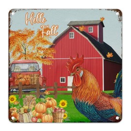 Farm Barn Sunflower Red Truck Hello Fall Chicken Metal Plaque Tin Sign First Thanksgiving Vintage Metal Wall Decor Autumn Vintage Farmhouse Men Cave Signs for Living Room Kitchen 10x10in