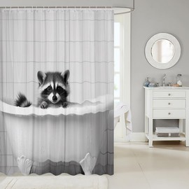 Feelyou Raccoon Shower Curtain 72"x84" Cute Bathroom Shower Curtain Set for Boys Girls Teens Kawaii Bath Curtain Animal Kids Bathroom Accessories Grey