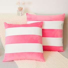 Striped Throw Pillow Covers 18x18 Inch, Furry Faux Rabbit Fur & Soft Velvet Decorative Pillow Cases 2 Pack (Pink)