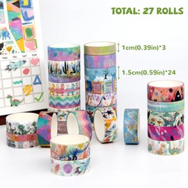 Jniseger Washi Tape Set 27 Rolls. Cute Dinosaur Coloured Decorative Tape for Children, Tape for Journaling, Scrapbooking Accessories, DIY Crafts, Junk Journal, School Supplies
