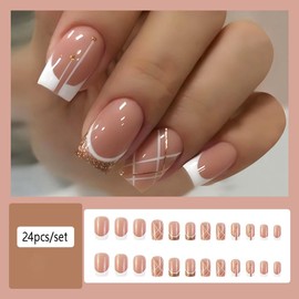 Haraty 24 Pcs Press on Nails Short Fake Nails Flower False Nail Artificial Nails for Women Girls (E)