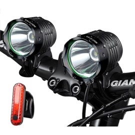 Night Eyes- Mountable 1200 Lumens Mountain Bike Headlight Bike LED Light -Rechargeable 8.4V 8800mA ABS Waterproof Battey-Free Aluminum BikeTaillight Bonus -NO Tool Required (2PACK Black)
