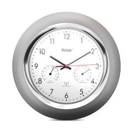 Mebus Radio-Controlled Wall Clock with Thermometer and Hygrometer/Silver Frame/White Dial/24 cm Diameter/Round/Model: 19454/Colour: Silver, White