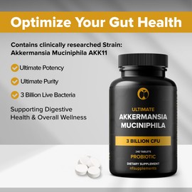 Akkermansia Muciniphila Probiotic Supplement 3 Billion CFU 240 Tablets Probiotics for Men & Women Supports Digestive & Gut Health Vegan Friendly Gluten Free Non-GMO (240, Akkermansia Muciniphila)