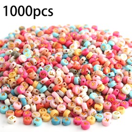 Baiinjiene 1000pcs Acrylic Small Letter Beads Round Letter Beads Colorful Acrylic with Gold Letter Alphabet for Jewelry Making Alphabet Beads (Colorful Gold（Pink）)