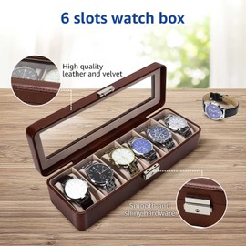 BareTulip Watch Box-Organizer for Men and Women Watch Case-Holder 6 Slot Watch Box Pu Leather Watch Display with Glass Window and Lock Brown