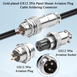 QIANRENON Gold Plated GX12 Aviation Plug Connector GX12 3Pin Male Bulkhead Mount Aircraft Plug GX12 3Pin Female Cable Solder Round Socket M12, 400V/5A, for Electrical Electronic Connection, 2Pcs