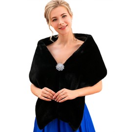 AJACITY Women's Faux Fur Shawls and Wraps Wedding Fur Stole Bridal Fur Wrap Shrug for Bride and Bridesmaid (Black)