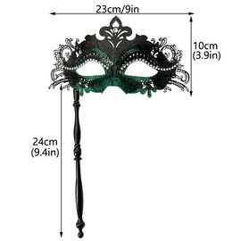 WILOVCOS Womens Masquerade Mask with Stick, Handheld Mardi Gras Mask,Venetian Party Masks (Black & Green)
