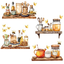 GOMAKERER 1 Sheet Kitchen Wall Stickers, Kitchenware Utensil Wall Decals Cartoon Cups Spice Jars Wall Decor Remove Peel and Stick Wall Art Decals for Kitchen Restaurant Dining Room