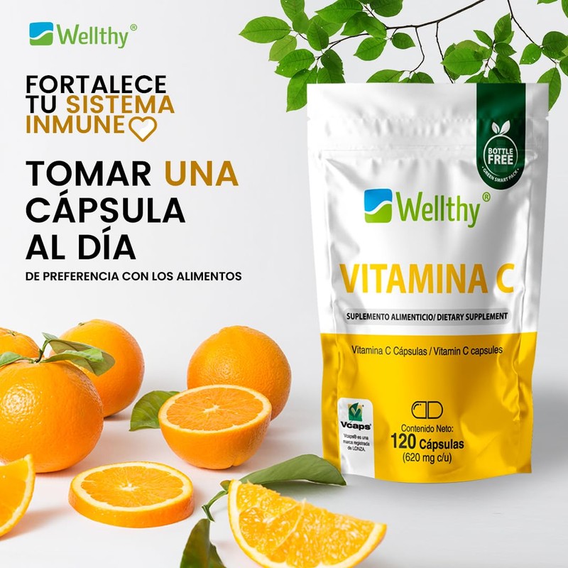Wellthy Vitamina C 120 Cápsulas. 300mg, Solo 1 Cápsula al
