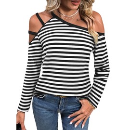 LilyCoco Womens Off Shoulder Tops Long Sleeve Cut Out Solid Shirts White Medium