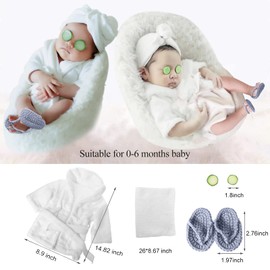 SPOKKI Newborn Photography Props Baby Girl 5 PCS Bathrobes Bath Towel Outfit with Slippers Cucumber Photo Props for Infant Boys Girls(0-6 Months) (White)