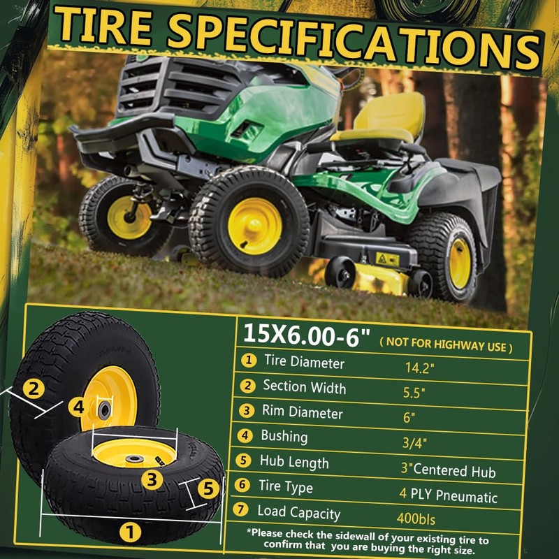 Wiltire 15x6.00-6 Tire and Wheel Assembly (2 Pack),Replacement Riding Lawn