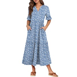 ANRABESS Women's Casual Summer Ruffle Short Sleeve T Shirts Maxi Dress 2025 Spring V Neck Flowy Tiered Boho Beach Dresses Blue White Floral Large