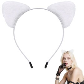 Diadema de orejas de gato negras peludas – orejas de gato para mujer, accesorios de disfraz de gato, orejas de gatito (blanco)