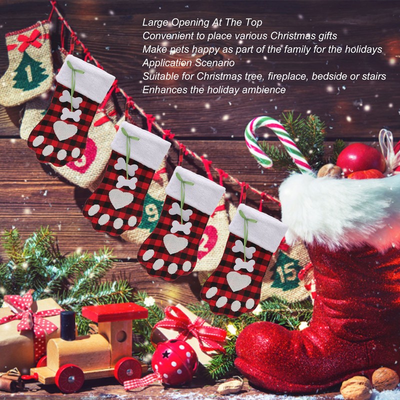 Christmas Stocking Dog Paw Shape Plaid Decorative Gift Bag Christmas