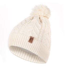 HEYO Women's Hat Scarf Winter Set | Lined Knitted Hat with Bobble | Winter Scarf with Fringes | Touchscreen Gloves, beige