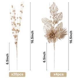 24 Pack Christmas Tree Ornaments - Artificial Flowers Glitter Berry Stems Christmas Floral Picks Branches for Xmas Tree Decorations Vase Filler Holiday Wedding Party Home Decor (Champagne)