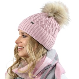 Alur Women's Beanie Winter Hat Knitted Hat with Bobble - Warm Elastic Elegant Winter Hat Eko Bobble Hat - Soft Yarn Stylish Universal Warm, pink