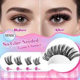 Self Adhesive Eyelashes Kit 10-16mm Lash Clusters Fluffy Reusable Eyelashes Press On Glueless Lashes C Curl No Glue Needed Lashes Wide Band Pre Glued False Eyelashes Clusters With Micro Cotton Swabs