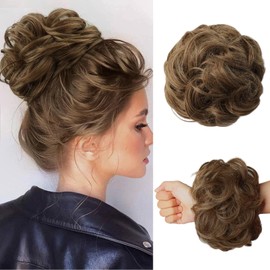 WZNBBOY Messy Bun Hair Piece Hair Bun Wavy Curly Scrunchies Chignon Ponytail Hair Extensions Fake Hair Bun Extensions Synthetic Tousled Updo Hairpieces for Women（Ash Brown）