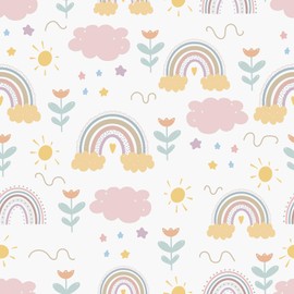 Mangoloo 17.5"x314" Pink Rainbow Wallpaper Peel and Stick Cloud Sun Kids Wallpaper for Bathroom Bedroom Nursery Pink Floral Contact Paper for Cabinets Self Adhesive Removable Rainbow Wall Murals