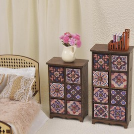 1:12 Hand-Painted Wooden Cabinet for BJD Dollhouse 8 Grid Boho Storage with Persian Florals Doll House Boho Decor Birthday Gift for 3+Year Old (Green)