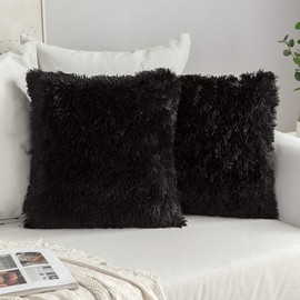 MIULEE Pack of 2 Faux Fur Throw Pillow Cover Fluffy Soft Decorative Square Pillow covers Plush Case Faux Fur Cushion Covers For Livingroom Sofa Bedroom 16"x16" Black