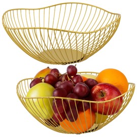 UNGFEI 2 PCS Gold Wire Fruit Bowl, 25.5 x 10cm Round Metal Kitchen Basket for Vegetable, Snack, Bread, Fruit, Geometric
