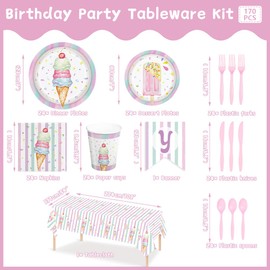 170pcs Ice Cream Party Supplies Ice Cream Birthday Paper Plates Napkins Tablecloth Banner Girls Disposable Tableware Set Cups Ice Cream Birthday Party Decorations Serves 24