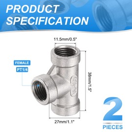 uxcell 2 Pcs 304 Stainless Steel Tee Pipe Fittings G1/4" Female Tee Adapter 3 Way t Shaped Cast Pipe Fitting Connector with Seal Tape for Plumbing Drainage Pipes Heating Systems