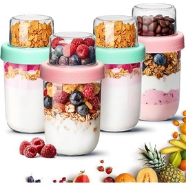 ComSaf 4-Pack 16 oz Overnight Oats Containers with Lids, Dual-Laryer Chia Pudding Jars with Dry and Wet Separation, Yogurt Parfait Cups for Oatmeal Cereal Nut Fruit, Meal Prep Glass Jars for Salad