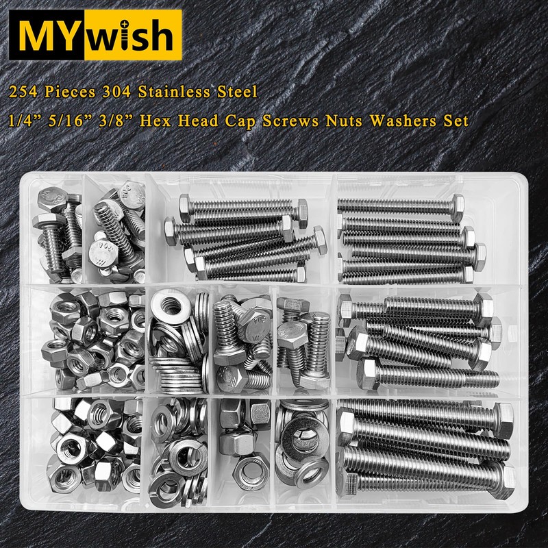 MYWISH 254 Pieces Hex Screws Assortment Kit, 1/4-20 5/16-18 3/8-16,