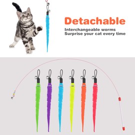 cobee Cat Toys with Feathers Toys for Cats Retractable Interactive Cat Toys 6 Pieces Colorful Refills Worms with Bells Replacement Plush Tail Worm Interactive