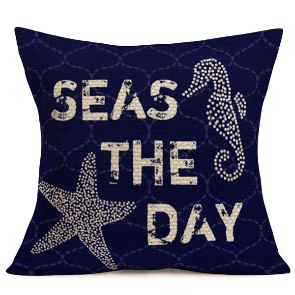Tlovudori Navy Blue Ocean Starfish Seahorses Decorative Throw Pillow Covers Cotton Linen Funny Quote Words Seas The Day Lettering Pillowcase Home Sofa Couch Cushion Cover 18"x18" (NB-Seas)