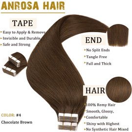 Anrosa Tape in Hair Extensions 16Inch 20Pcs Tape Hair Extensions Brazilian Remy Human Hair Chocolate Brown Seamless Skin Weft 50G