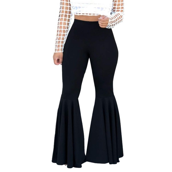 GUOLEZEEV Women Elastic Waist Ruffle Bell Bottom Pants Long Palazzo