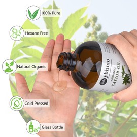 YBHMO Cold Pressed Castor Oil Organic Glass Bottle(16 Fl Oz),100% Pure &Hexane Free, Castor Oil for Hair Growth & Care, Thicker Eyelashes & Eyebrows,Castor oil pack & Moisturize Body Skin