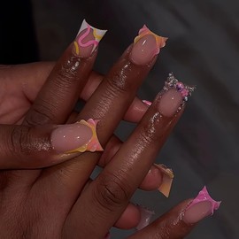 24 Pcs Press On Nails Short Square,YEFIUO Duck Mouth Fake Nails Press ons Cool Nail Art Tips Acrylic Nail Kit Glue on Nails Full Cover False Nails with 3D Ripple Rhinestones Nail Charms Design Women