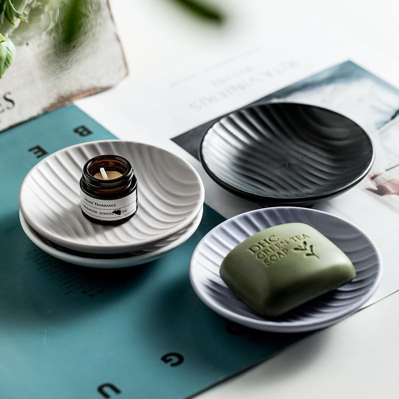 Chic Round Soap Dish, Modern Minimalist Striped Design Ceramic Tray(Oatmeal)