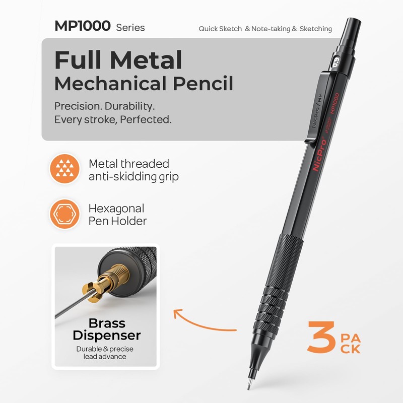 Nicpro 0.9 Metal Mechanical Pencil Set with Case, 3PCS Black