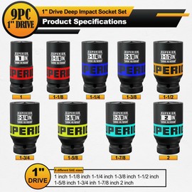 Aiourx 9 Piece 1" Drive Deep Impact Socket Set, 1 Inch - 2 Inch, SAE, 6-Point Design, Heavy Duty CR-MO, Truck Tire Service, Mechanical Equipment Maintance