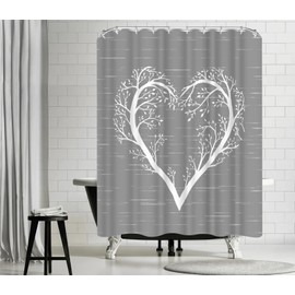 RyounoArt Tree of Life Shower Curtain Fabric White Heart Shaped Tree Branch Bathroom Decor Romantic Love Gray Curtain Waterproof with Hooks 72"x72"